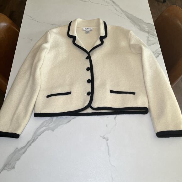 Talbots Petites Sz L Cream Black Contrast Trim Wool Long Sleeve Coat Jacket EUC - Picture 1 of 11